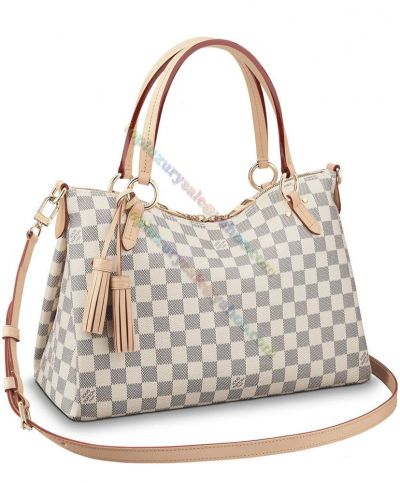 Copy Louis Vuitton Lymington Damier Azur Beige Leather Tassels Pendant Low Price Women's Coated Canvas Tote Bag N40022