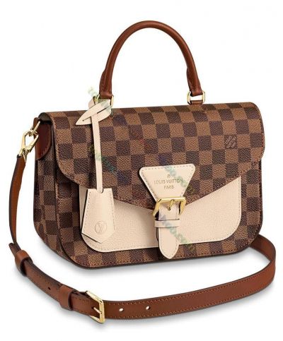 Louis Vuitton Trendy Damier Pattern Buckle Detail Brown Canvas & Beige Leather Patchwork Vintage Style Flap Bag For Ladies