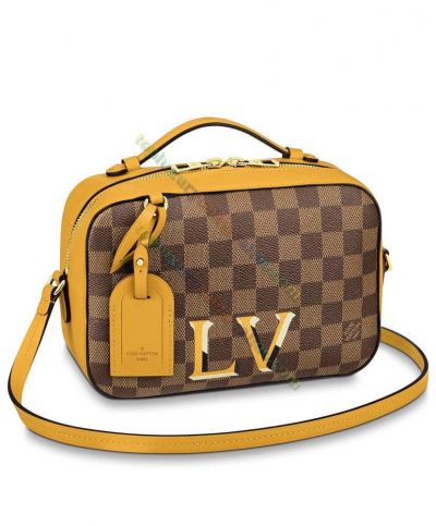 LV Damier Santa Monica Yellow Leather Women Brown Canvas 3-D LV Detail Double Zipper Crossbody Bag