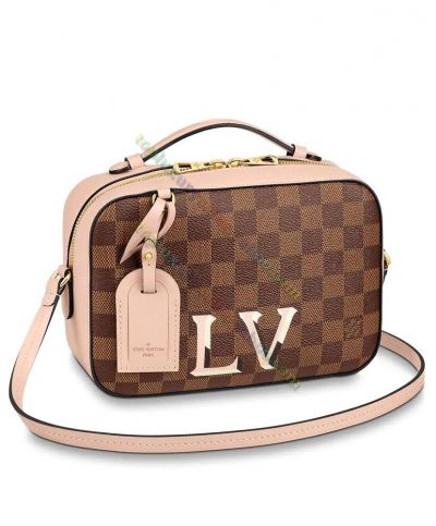  Louis Vuitton Santa Monica 3-D LV Motif Damier Printing Brown Canvas Lady Cheapest Crossbody Bag Pink Leather Trimming