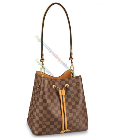 Louis Vuitton Neonoe Yellow Leather Detail Brown Damier Ebene Canvas Fashion Ladies Bucket Bag 