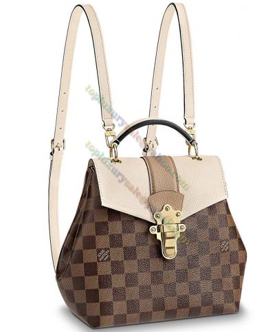 Louis Vuitton Clapton Damier Pattern Golden Tuck Lock Clasp Single Handle Women Best White Leather & Brown Canvas Backpack
