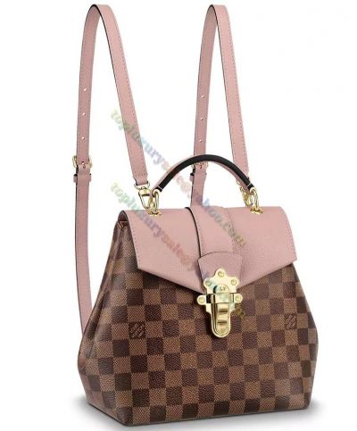 Louis Vuitton Damier Clapton Pink Grained Leather Single Top Handle Women Sweet Brown Canvas Flap Backpack 