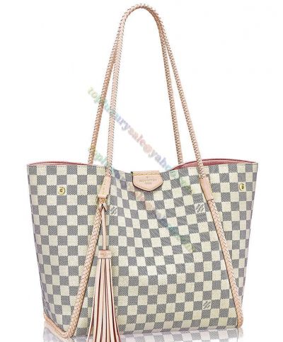 2021 Fashion LV Propriano N44027 Braindead Strap Leather Tassel Detail 43CM Damier Coated White Canvas Tote Bag