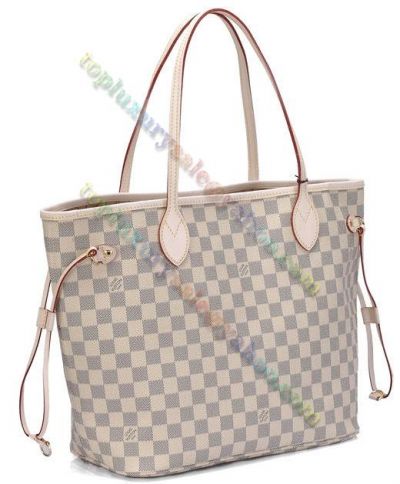 Copy Louis Vuitton Neverfull MM Damier Azur Pattern White Canvas & Leather Timeless Design Tote Bag
