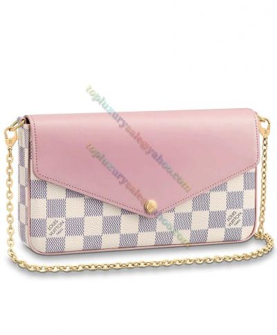  Louis Vuitton Pochette Felicie Damier Printing Golden Chain Female Pink Leather & White Canvas Patchwork Classic Style Flap Crossbody Bag