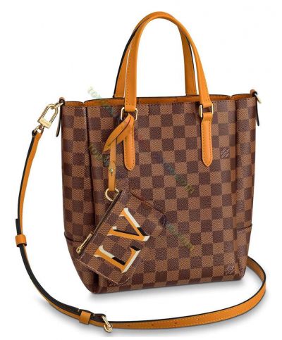  LV Damier Belmont PM Yellow Leather Detail Check Printing Separate Zipper Pouch Lady Popular Brown Canvas Tote Bag