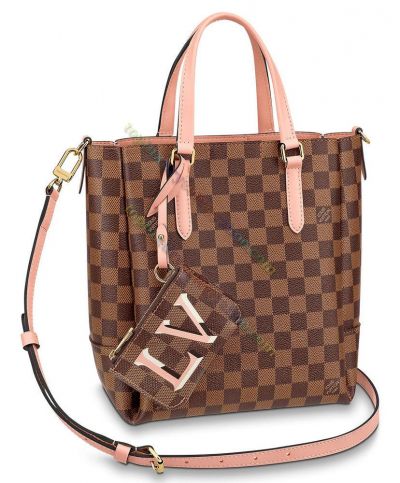 Louis Vuitton Damier Belmont PM Brown Canvas Hook Buckle Closure Women Pink Leather Low Price Tote Bag N60297