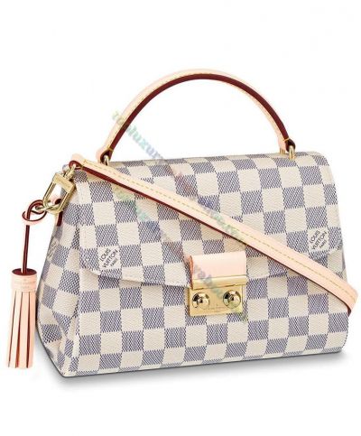  Louis Vuitton Croisette Damier Azur Pattern N41581 Beige Leather Tassel S-lock Buckle Hot Selling Women Flap Crossbody Bag White