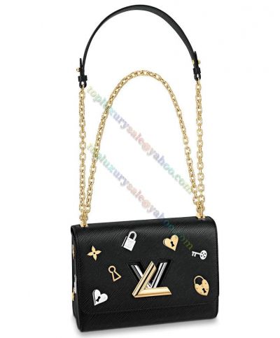 Louis Vuitton Twist MM Black Epi Leather Silver & Golden Logo Trimming Best Price Female Chain Crossbody Bag 