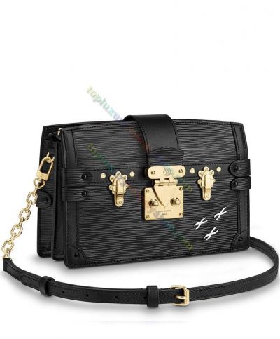  Louis Vuitton Trunk Clutch Black Epi Leather Yellow Gold Hardware Slim Flap Detail  High Quality Ladies Crossbody Bag