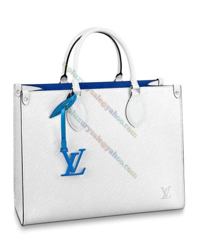 Louis Vuitton Onthego MM Blue LV Logo Charm Slim Shoulder Strap Female White Epi Leather Tote Bag M56081