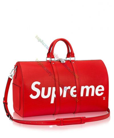 Counterfeit Louis Vuitton X Supreme Keepall Unisex White Giant Pattern Red Epi Leather Rounded Leather Handle Handbag