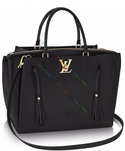 Louis Vuitton Lockmeto Golden LV Signature 3 Compartments Women Classic Black Grained Leather Tote Bag 