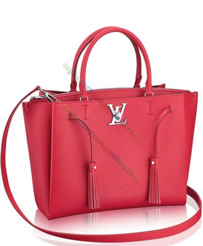 Louis Vuitton Lockmeto Silver LV Turn Lock Closure Tassel Trimming Female Red Grained Leather Tote Bag For Sale UK 