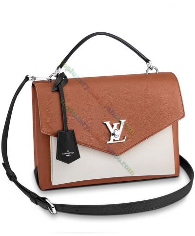  Louis Vuitton Mylockme Silver LV Turn Lock Triangle Flap White Open Pocket Lady Coffee Leather Crossbody Bag