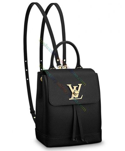  Louis Vuitton Lockme Mini Style Yellow Gold LV Turn Lock Women Black Leather Flap Backpack Sale Online