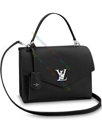 Louis Vuitton My Lockme Silver LV Turn Lock Back Zipper Pocket Women Classic Black Grainy Leather Flap Bag