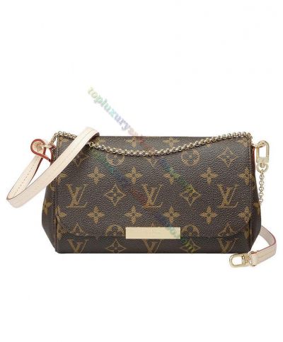 LV Monogram Favorite Brown Canvas Golden Chain & Bar Detail Female Beige Leather Shoulder Strap Fashion Flap Shoulder Bag