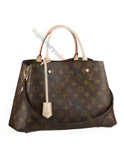  Louis Vuitton Montaigne Monogram Motif Beige Leather Top Handles Female Medium Brown Canvas Shoulder Bag Online