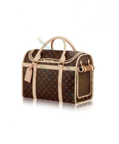 Best Louis Vuitton Breathable Mesh Side Double Zipper Closure Monogram Coated Brown Canvas 40CM Dog Carrier Beige Leather