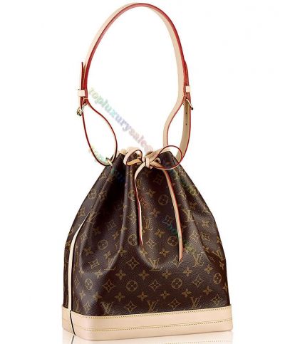 Women's LV Petit Noe Monogram Pattern Adjustable Beige Leather Shoulder Strap Female Brown Canvas  Drawstring Bag M40818