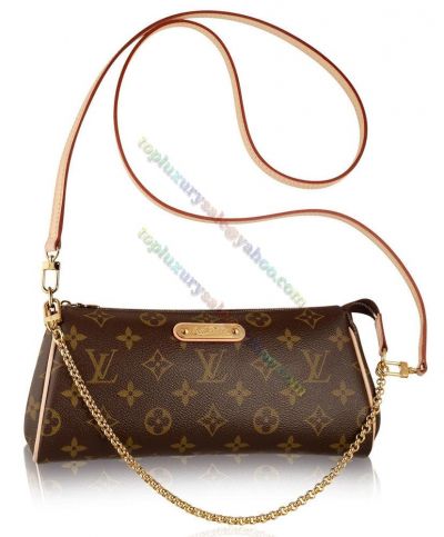 Louis Vuitton Eva Monogram Coated Brown Canvas Brass Tab Magnetic Closure Women Chain Clutch Sweet Flap Crossbody Bag