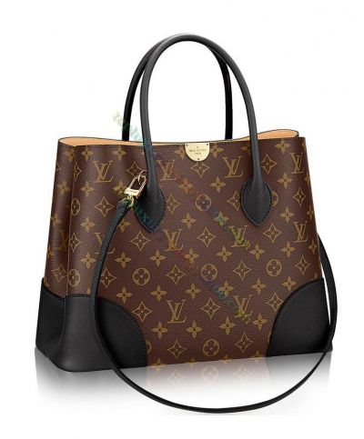  Louis Vuitton Flandrin Monogram Flower Pattern Rounded Top Handles Black Leather Detail Brown Canvas Shoulder Bag 