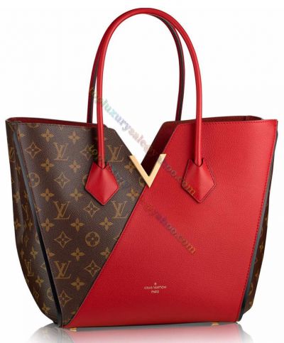  Louis Vuitton Brown Monogram Canvas Joint Red Cowhide Leather Top V-shaped Gold Trimming Women's Tote Bag