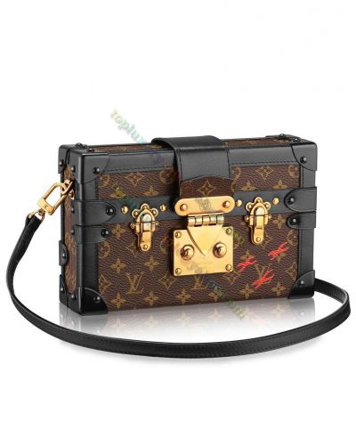 LV Monogram Petite Malle Brown Canvas Black Leather Brass LV Kuala Clasp Box-shaped Bag M44199 For Ladies