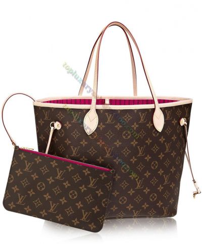  Louis Vuitton Monogram Neverfull MM Brown Printing Canvas Red Textile Lining Beige Leather Decoration Mobile Zippered Change Purse Shoulder Bag M41178