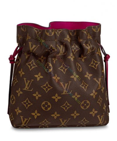 Louis Vuitton Poche Noe Mng Monogram Motif Drawstring Closure Fuchsia Leather Detail Women Brown Canvas Pouch Bag M43445