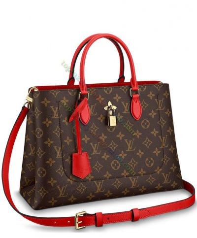 Louis Vuitton Monogram Flower Tote Padlock Detail Red Leather Motif Fashion Folded Canvas Crossbody Bag For Ladies M43553