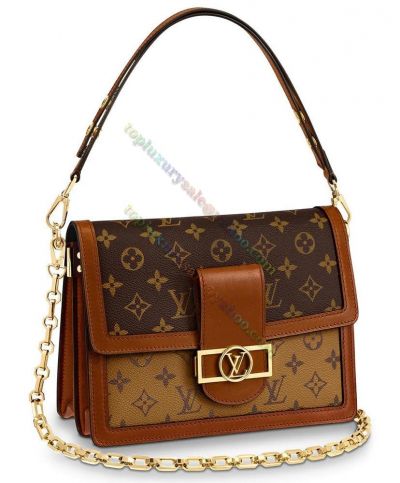 Louis Vuitton Monogram Dauphine Brown & Apricot Canvas Brown Leather Trimming Women High End Chain Handbag M44391