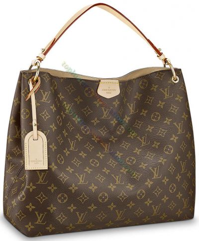 Counterfeit Louis Vuitton Female Monogram Graceful MM Beige Handle & Accessory Brown Cotton Canvas Lining Large Size Handbag 35