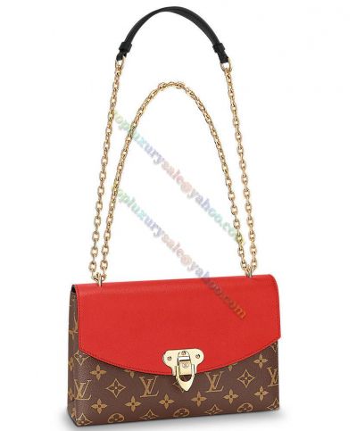  Louis Vuitton Saint Placide Monogram Pattern Female Red Leather & Brown Canvas Yellow Gold Chain Crossbody Bag M43713