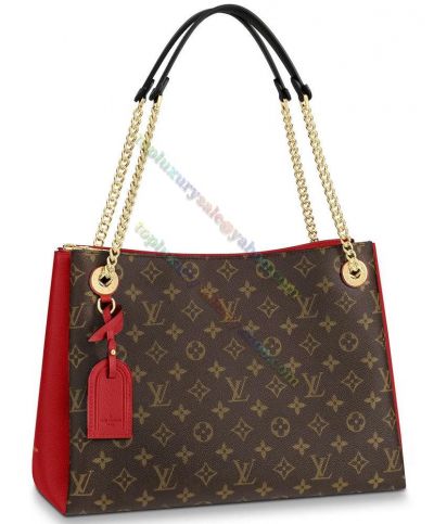  Louis Vuitton Monogram Surene MM Brown Canvas & Red Grained Leather Patchwork Gold Chain Crossbody Women's Tote