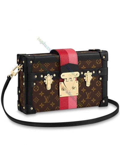 2022 Louis Vuitton Petite Malle Monogram Pattern Red & Pink Slim Flap Brass Studs Brown Canvas Handbag For Ladies