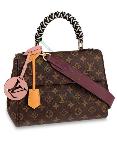 Louis Vuitton Cluny BB Monogram Coated Brown Canvas Fashion Braided Handle LV Logo Pendant Tote Bag For Ladies
