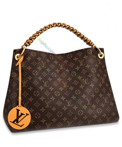  Louis Vuitton Monogram Artsy MM Coated Brown Canvas Braided Leather Strap Women Shoulder Bag Orange 