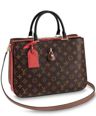  Louis Vuitton Monogram Millefeuille Brown Canvas Three Compartments Red & Black Leather Female Fashion Tote Bag 