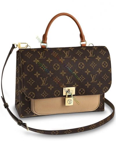 Copy Louis Vuitton Monogram Marignan Beige Leather Patchwork Brown Canvas Golden Signature Padlock Closure Ladies Handbag