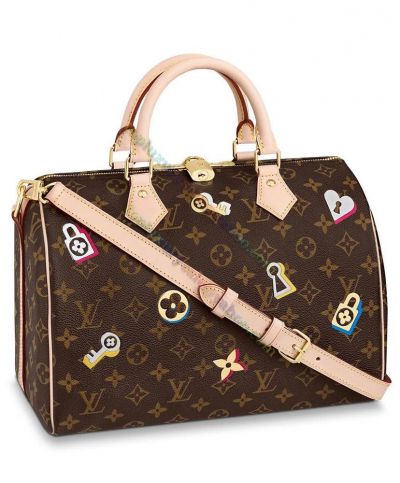 Louis Vuitton Speedy Bandouliere 30 High End Lock & Key & Monogram Printing Brown Canvas Beige Leather Padlock Lady Shoulder Bag 
