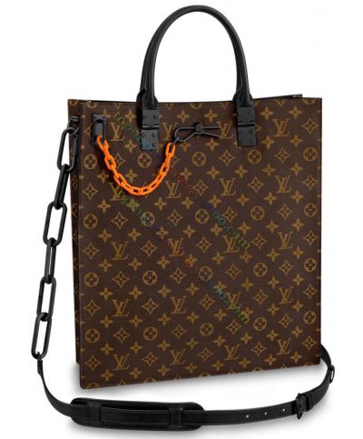 Louis Vuitton Monogram Sac Plat Resin Chain Motif  Black Leather Rounded Top Handles High Quality Coated Brown Canvas City Bag