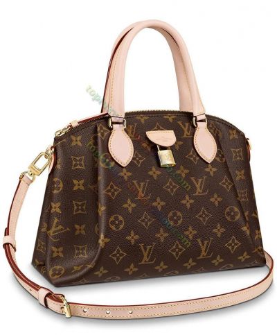 Louis Vuitton Monogram Rivoli PM Zipper Closure Padlock Trimming Female Brown Canvas Flower LV Pattern Best Crossbody Bag Beige
