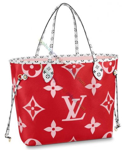  Louis Vuitton Neverfull MM Large Monogram Logo Printing Red & Pink Canvas Female Low Price Patchwork Tote Bag 
