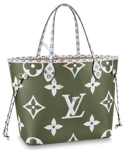  Louis Vuitton Neverfull MM Oversized Monogram Printing White Leather Detail Green Canvas Female Tote Bag UK