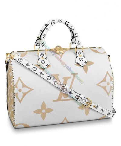  LV Speedy Bandouliere 30 Monogram Printing Rounded Handles Women Green White Cream Tri-color Tote Bag 