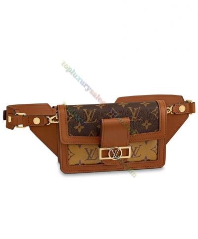 Copy Louis Vuitton Monogram Dauphine Neutral Brown & Apricot Coated Canvas LV Signature Lock Brown Leather Celebrity Same Bumbag