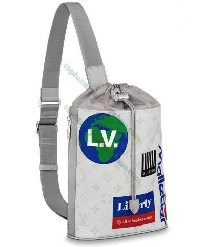 Copy Louis Vuitton Chalk Monogram Pattern White Canvas & Gray Leather Female Drawstring Closure Cheapest Sling Bag